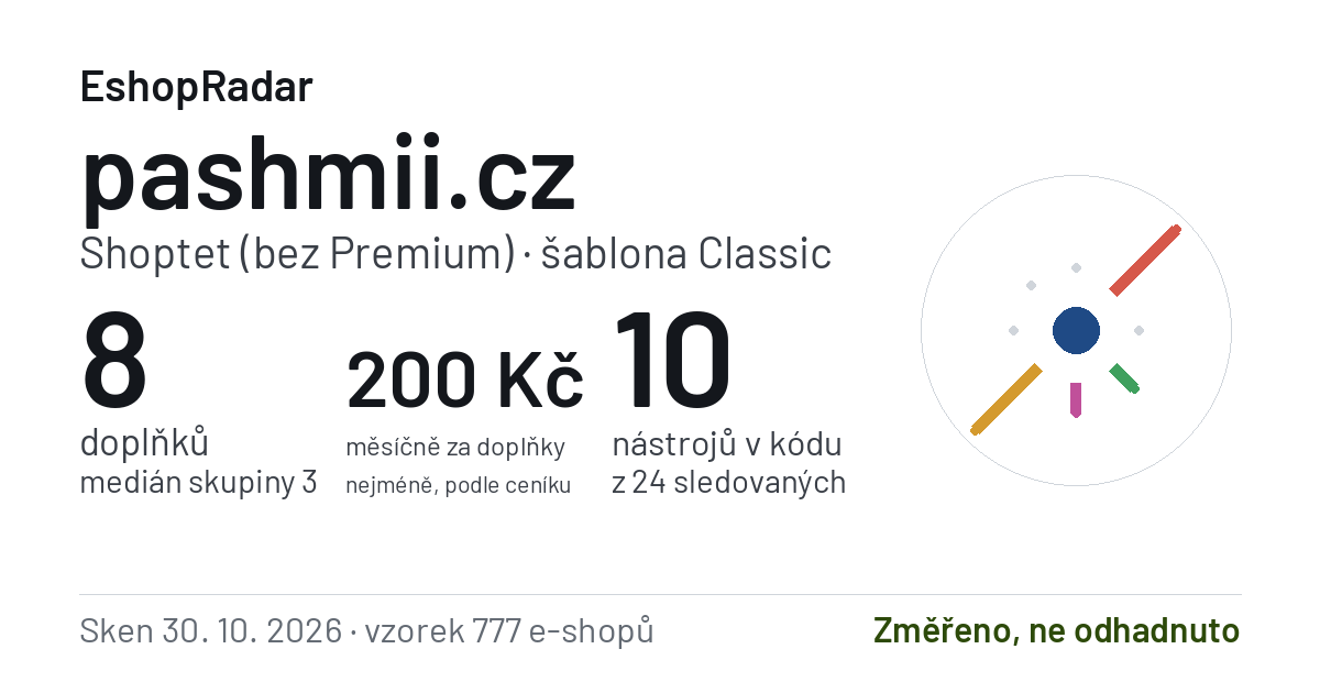 Sdílecí obrázek profilu pashmii.cz: doplňky, tarif a šablona e-shopu s datem skenu
